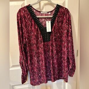 Notations Women's Burgundy Blouse w/Black Accents and Crystal Embellishments NWT